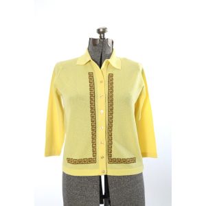Vintage 1960s Yellow Bouclé Knit Brown Geometric Print Cardigan Sweater by Talbott Travler  |  XL