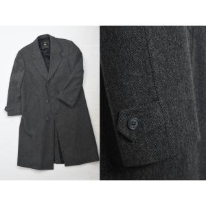 Vintage 1980s Gray Black Herringbone Wool Overcoat by Hart Schaffner & Marx | Size 40R - Fashionconstellate.com
