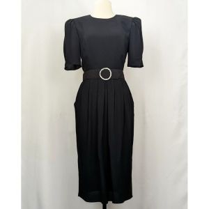 80s Dress Black Cocktail Evening Belted 40s Style by Patra | Vintage Misses 8