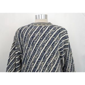 90s Sweater Tan Blue White Stripe Cotton Blend by Geoffrey Beene| Vintage Men's L - Fashionconstellate.com