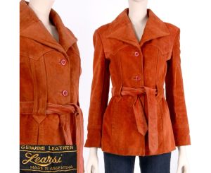 S M Vintage 1970s LEARSI Pumpkin Orange Suede Mod Belted Jacket Pea Coat