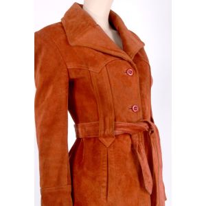 S M Vintage 1970s LEARSI Pumpkin Orange Suede Mod Belted Jacket Pea Coat - Fashionconstellate.com