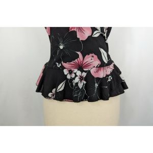 Y2K Top Black Pink Floral V-Neck Surplice Faux Wrap Tie Back by Fashion Bug | Vintage Misses S - Fashionconstellate.com
