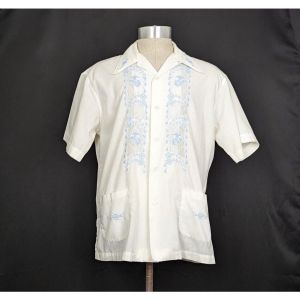 70s Shirt White Light Blue Floral Embroidered by Pearl Of The Orient | Men's Vintage XL