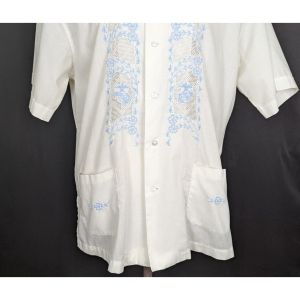 70s Shirt White Light Blue Floral Embroidered by Pearl Of The Orient | Men's Vintage XL - Fashionconstellate.com