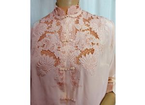 Vintage 80s Pink Silk Blouse Lacy Chinese Embroidery Cutwork Openwork Deadstock NOS - Fashionconstellate.com