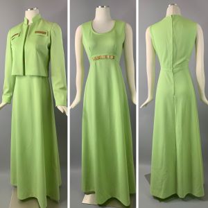 Vintage 70s Dress & Jacket Set by Leslie Fay Knits Bright Lime Green Polyester Empire Waist - Fashionconstellate.com