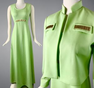 Vintage 70s Dress & Jacket Set by Leslie Fay Knits Bright Lime Green Polyester Empire Waist