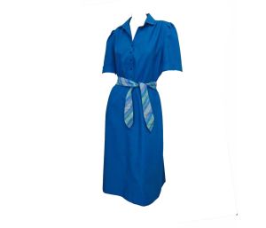 Vintage 1970s Blue Dress with Belt Leslie Fay Shirtwaist 