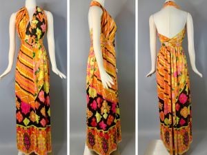 Psychedelic 70's Sexy Halter Dress Size XS Backless Bohemian Velvet Velour Maxi Gown | XS 2 - Fashionconstellate.com