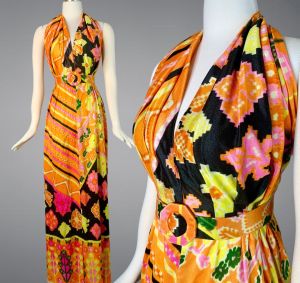 Psychedelic 70's Sexy Halter Dress Size XS Backless Bohemian Velvet Velour Maxi Gown | XS 2