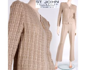 Vintage 1980s Size 2 ST. JOHN COLLECTION Beige Gold Santana Knit Cardigan Top Pant Suit Set | XS/S