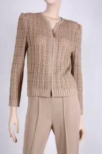 Vintage 1980s Size 2 ST. JOHN COLLECTION Beige Gold Santana Knit Cardigan Top Pant Suit Set | XS/S - Fashionconstellate.com