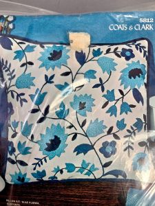 Vintage 70s Crewel Embroidery Blue Flowers & Leaves Pillow Kit / 13x13 Square Pillow / NOS Complete