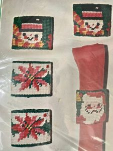 70s Bucilla Vintage Needlepoint Kit for 8 Christmas Napkin Rings w/Santa Bells Snowmen & Poinsettias - Fashionconstellate.com