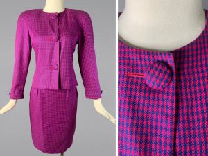 Bright Hot Pink & Blue Check 80s Power Suit by First Editions| HUGE shoulder pads |Size XS Petite 0
