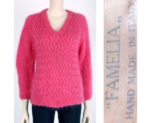 Vintage 1960s Pink Fuzzy Mohair V Neck Hand Knit Sweater Made in Italy 60s | M/L