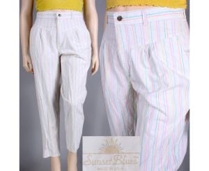 Vintage 1980s Size 32 SUNSET BLUES Chic White Pastel Stripe Pleat High Rise Pants | L/XL