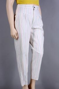 Vintage 1980s Size 32 SUNSET BLUES Chic White Pastel Stripe Pleat High Rise Pants | L/XL - Fashionconstellate.com