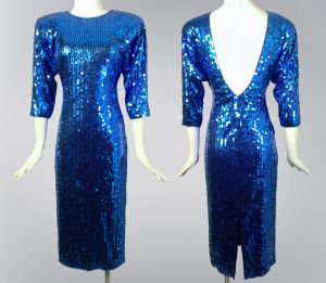 Glam 80s Lillie Rubin for Oleg Cassini Blue Sequin Stretch Wiggle Cocktail Dress | Size S/M