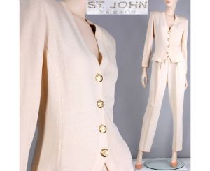 Vintage 1980s Size S 2 ST. JOHN BASICS Off White Santana Knit Cardigan Top Pant Suit Set | XS/S