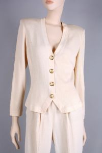 Vintage 1980s Size S 2 ST. JOHN BASICS Off White Santana Knit Cardigan Top Pant Suit Set | XS/S - Fashionconstellate.com