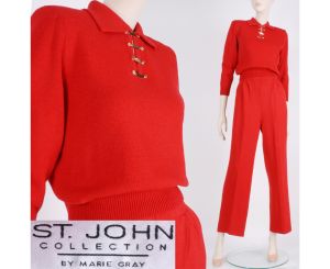 Vintage1980s Size P 4 ST. JOHN COLLECTION Red Santana Knit Crop Shirt Top Pant Suit Set