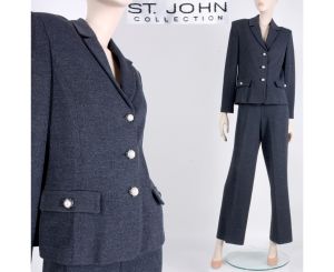 Vintage 1980s Size 6 ST. JOHN COLLECTION Gray Santana Knit Blazer Jacket Top Pant Suit Set | S/M