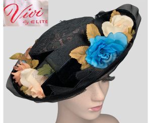 22.5 Vintage 1950s Era Vivi by Elite Black Lace Goth Floral Wide Brim Tilt Hat