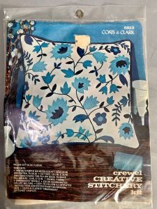 Vintage 70s Crewel Embroidery Blue Flowers & Leaves Pillow Kit / 13x13 Square Pillow / NOS Complete - Fashionconstellate.com