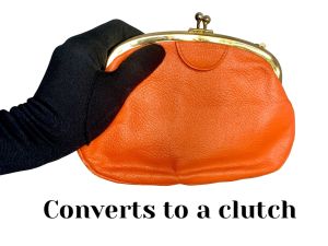 Cute 60s Blazing Orange Faux Leather Convertible Kiss Lock Clutch Purse with Chain |Fits everything! - Fashionconstellate.com