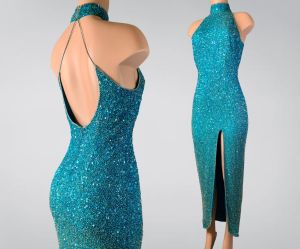 Stunning 90s Lillie Rubin Designer Teal Gown 100% Silk w/sequins | PERFECT condition | Size 4 Small