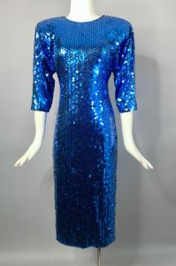 Glam 80s Lillie Rubin for Oleg Cassini Blue Sequin Stretch Wiggle Cocktail Dress | Size S/M - Fashionconstellate.com