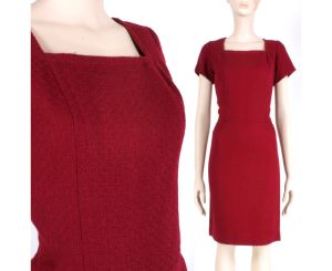Vintage 1950s Burgundy Red Woven Simple Sheath Knee Dress | M/L