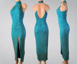 Stunning 90s Lillie Rubin Designer Teal Gown 100% Silk w/sequins | PERFECT condition | Size 4 Small - Fashionconstellate.com