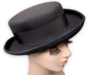 Vintage 1990s F&M Black Wool Felt Curled Brim Hat Made in USA