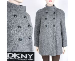 Vintage 90s DKNY Charcoal Gray Tweed Wool Double Breasted Peacoat #42315 | M/L