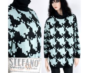 Vintage 90s Teal Black Oversize Houndstooth Sweater New Wave by Stefano World Wide | OSFA