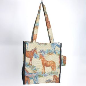 12x12 Vintage 1980s Horse Equestrian Tapestry Tote Bag w/Coin Purse - Fashionconstellate.com