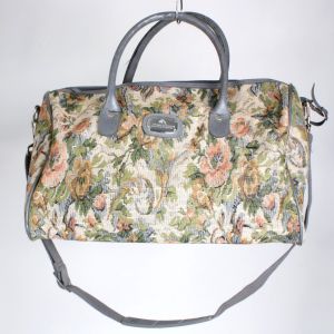 Jordache Vintage 80s Gray Pink Green Floral Tapestry Overnight Bag Luggage Carry On - Fashionconstellate.com