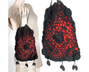 Vintage Victorian Era Black Red Crochet Evening Bag Reticule Purse Goth Christmas