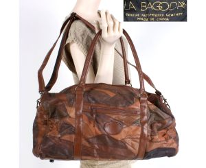 Vintage 1980s La Bagoda Leather Patchwork Travel Soft Suitcase Carry On Bag