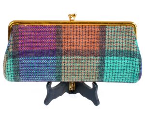 Vintage 1950s Colorful Plaid Wool Knit Clutch Evening Hand Bag Purse