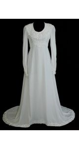 Size 8 Wedding Dress with Train - White Velvet Vintage Bridal Gown with Lace Trim - 1970s Deadstock  - Fashionconstellate.com