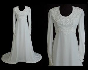 Size 8 Wedding Dress with Train - White Velvet Vintage Bridal Gown with Lace Trim - 1970s Deadstock 