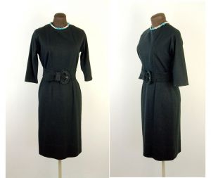 1950s black dress, wool dress, little black dress, LBD, Westbury Fashions, 50s winter dress, Size M