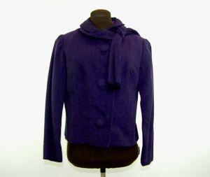 1950s purple wool jacket with attached scarf peter pan collar tweed blazer