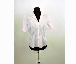 1950s cotton blouse, cotton shirt, embroidered blouse, pink blouse, appliqued blouse, Size M/L
