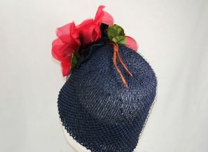 1960s Designer Hat - Too Fabulous Navy Blue Straw Bucket Hat - Red Poppy Flower - Mr John Boutique - Fashionconstellate.com