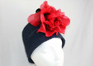 1960s Designer Hat - Too Fabulous Navy Blue Straw Bucket Hat - Red Poppy Flower - Mr John Boutique